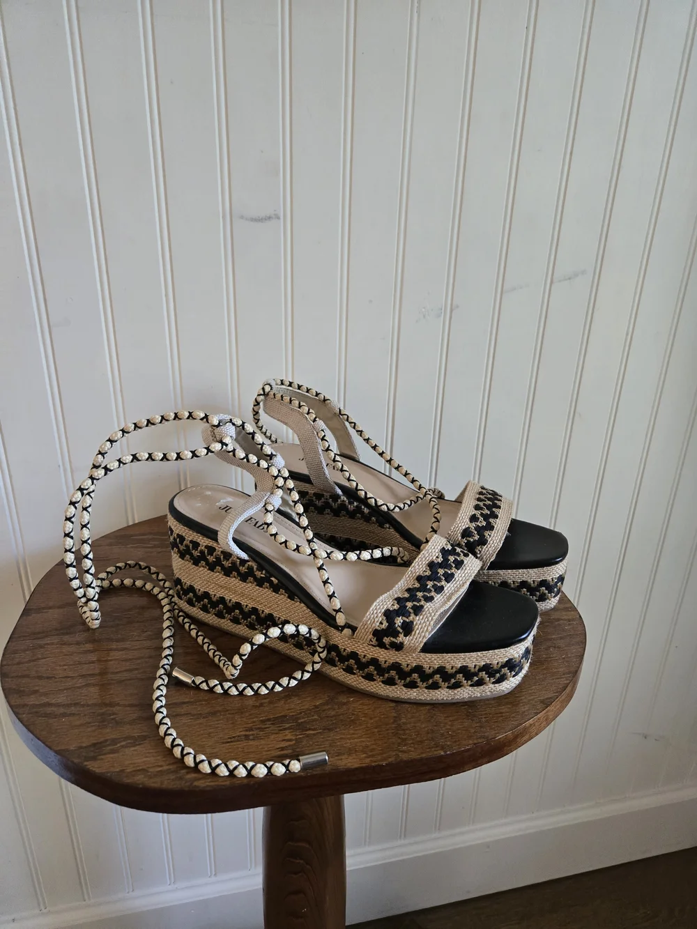 Just Fab Woven Espadrille Platform Lace Up Sandals - Black and Natural
